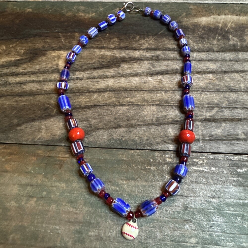 Vintage Millefiori Glass Bead Necklace red white & Blue w Added Baseball Charm